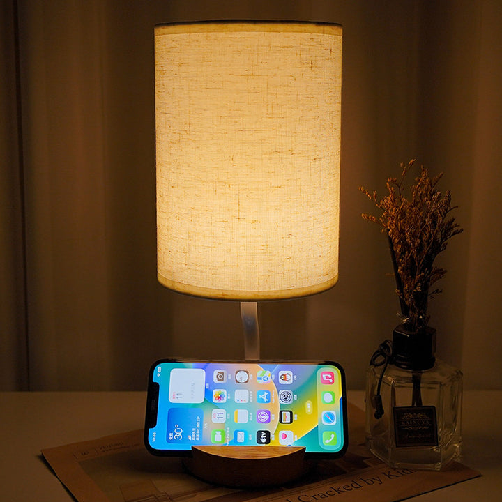 Lampe de table LED en tissu bois cylindrique minimaliste moderne pour salon 