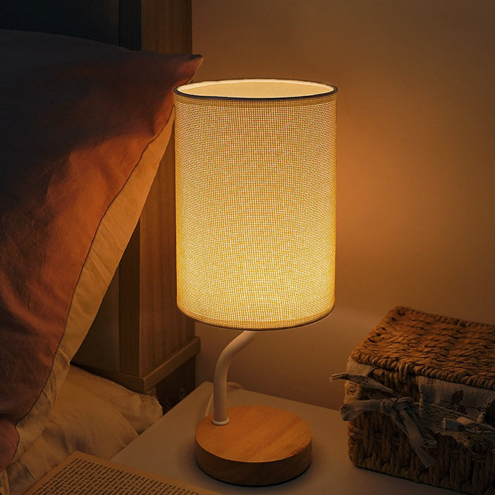 Lampe de table LED en tissu bois cylindrique minimaliste moderne pour salon 