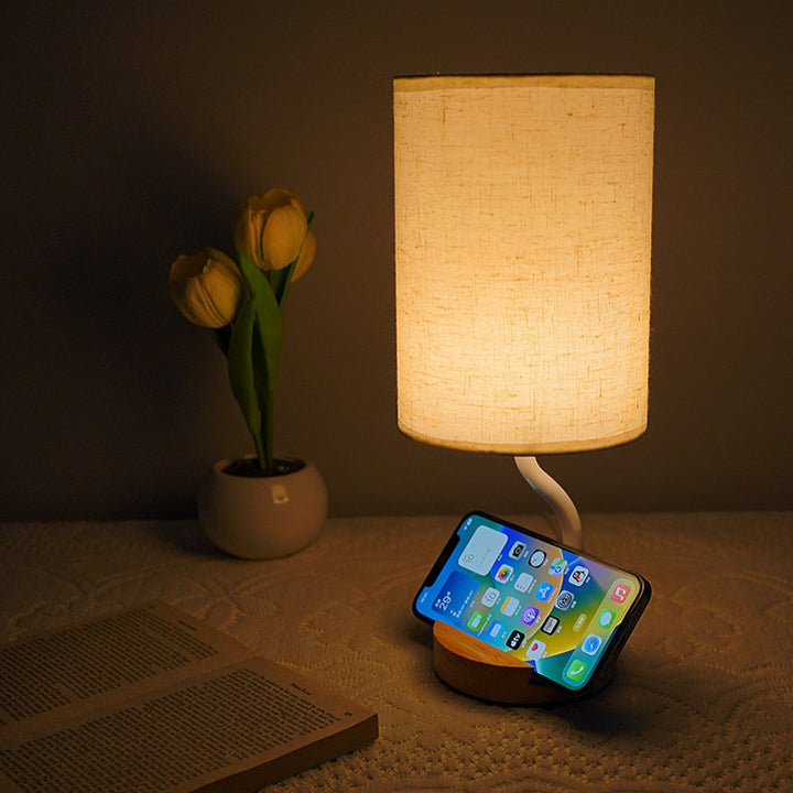 Lampe de table LED en tissu bois cylindrique minimaliste moderne pour salon 