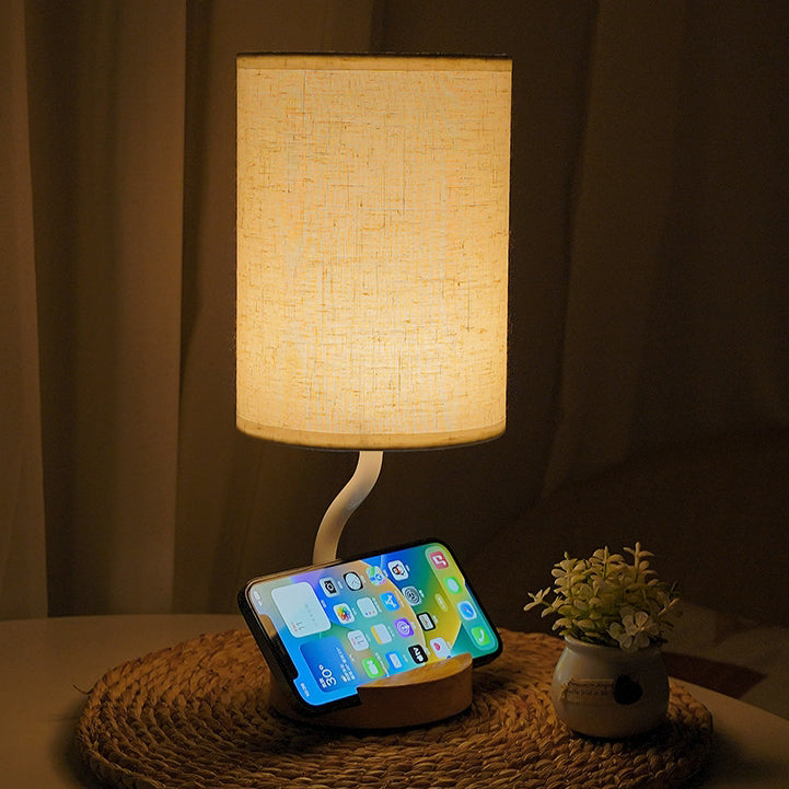 Lampe de table LED en tissu bois cylindrique minimaliste moderne pour salon 