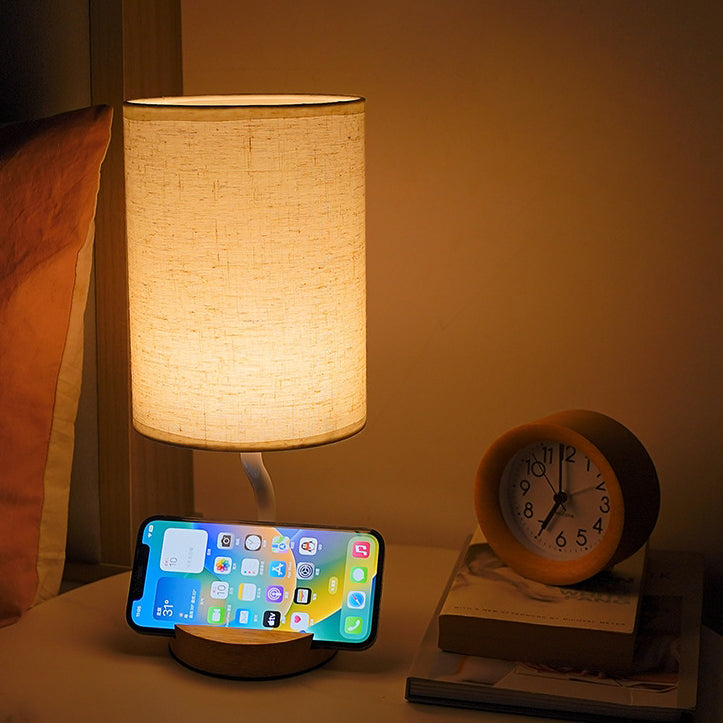 Lampe de table LED en tissu bois cylindrique minimaliste moderne pour salon 