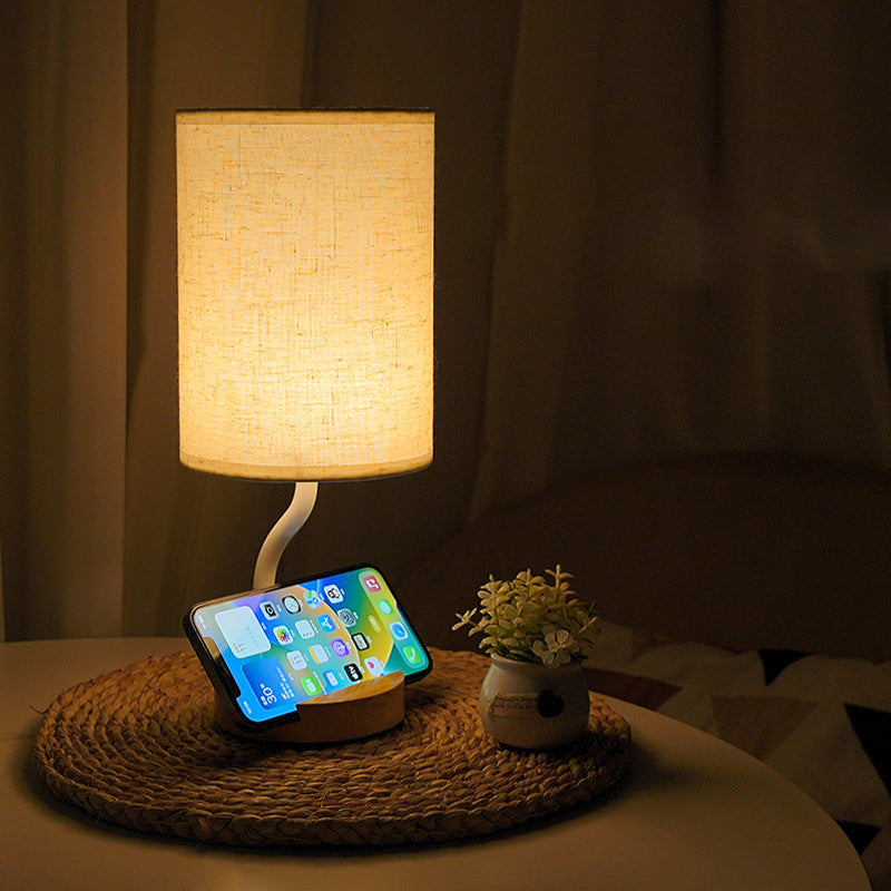 Lampe de table LED en tissu bois cylindrique minimaliste moderne pour salon 