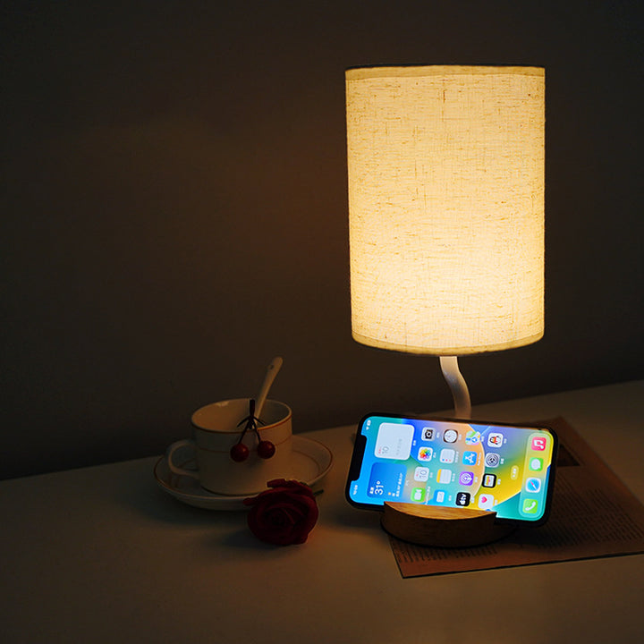 Lampe de table LED en tissu bois cylindrique minimaliste moderne pour salon 