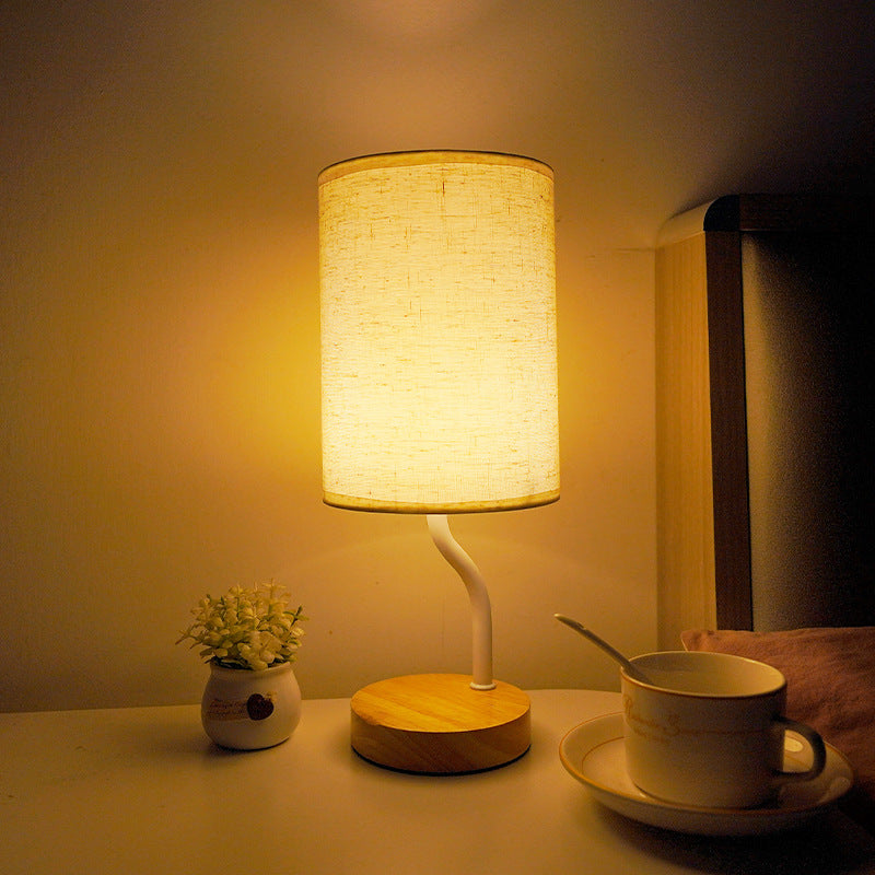 Lampe de table LED en tissu bois cylindrique minimaliste moderne pour salon 