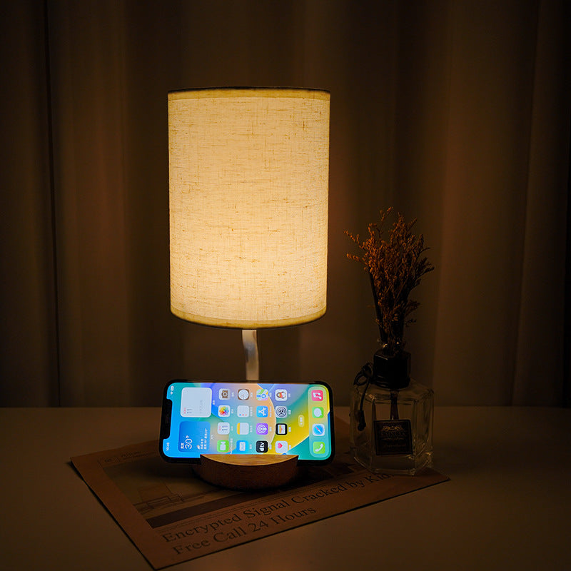 Lampe de table LED en tissu bois cylindrique minimaliste moderne pour salon 