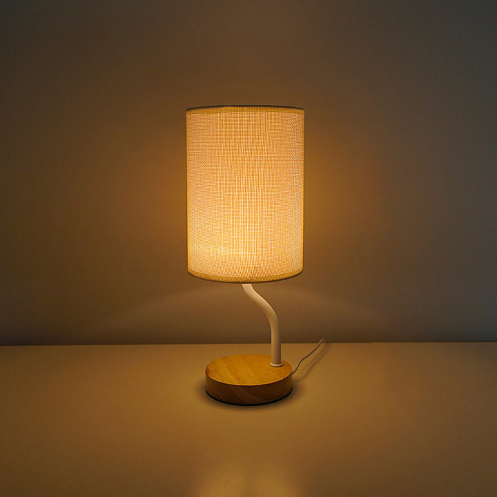 Lampe de table LED en tissu bois cylindrique minimaliste moderne pour salon 