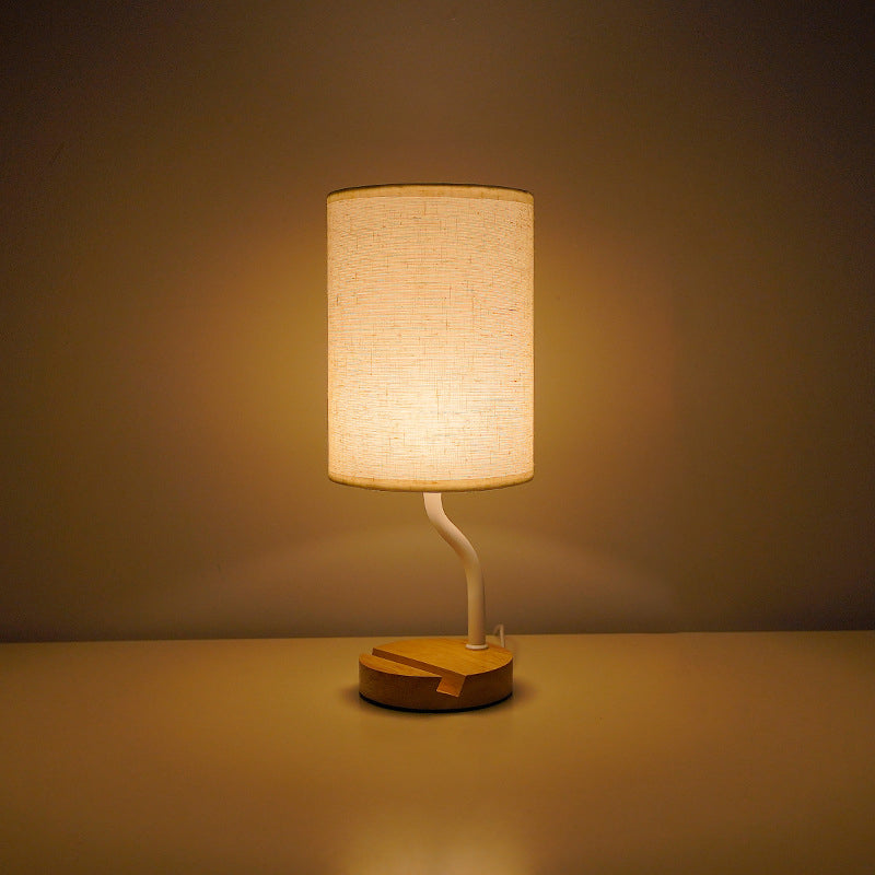 Lampe de table LED en tissu bois cylindrique minimaliste moderne pour salon 