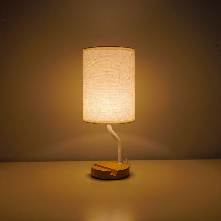 Lampe de table LED en tissu bois cylindrique minimaliste moderne pour salon 