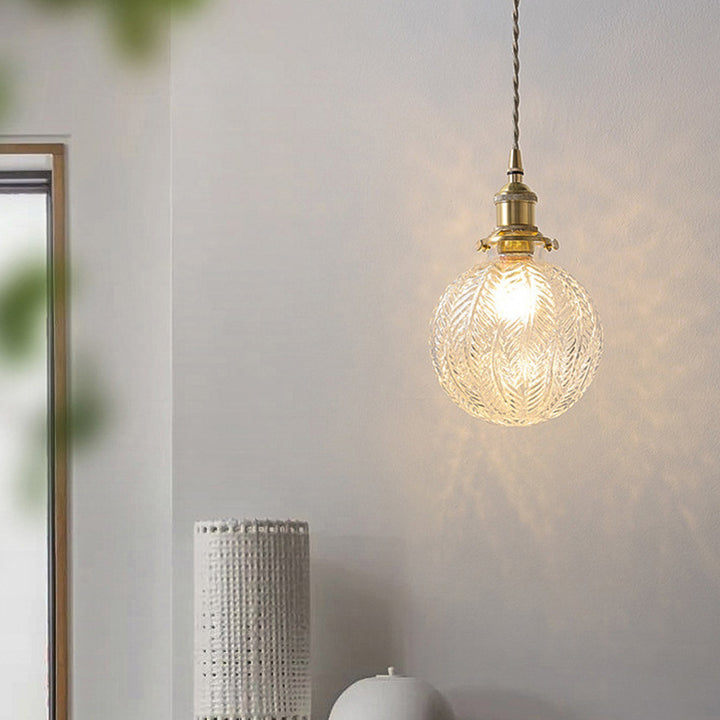 Traditional Vintage Leaf Prism Crackled Orb Diamond Glass Brass 1-Light Pendant Light For Living Room