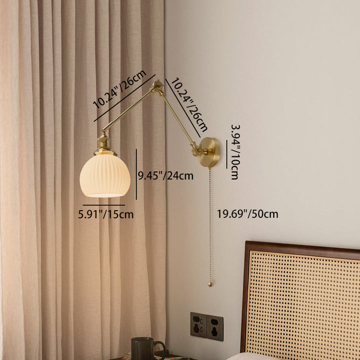 Traditionelle japanische Ball Kiefernglas Keramik Messing 1-Licht Wandleuchte für Wohnzimmer 