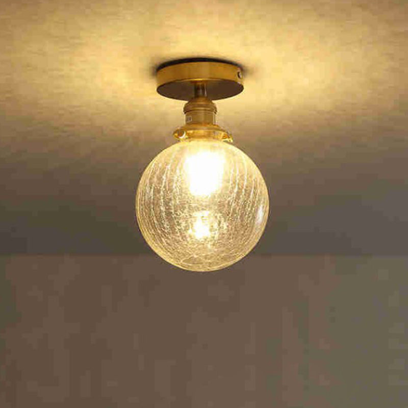 Traditional Japanese Crackled Orb Round Glass Brass 1-Light Semi-Flush Mount Ceiling Light For Living Room