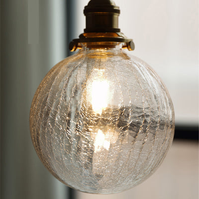 Traditional Japanese Crackled Orb Round Glass Brass 1-Light Semi-Flush Mount Ceiling Light For Living Room