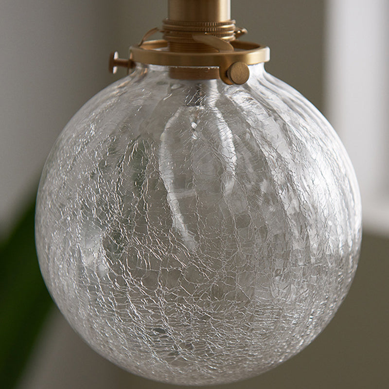 Traditional Japanese Crackled Orb Round Glass Brass 1-Light Semi-Flush Mount Ceiling Light For Living Room