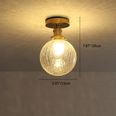 Traditional Japanese Crackled Orb Round Glass Brass 1-Light Semi-Flush Mount Ceiling Light For Living Room