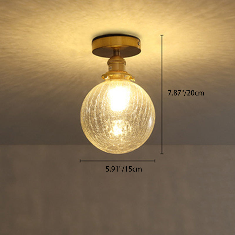 Traditional Japanese Crackled Orb Round Glass Brass 1-Light Semi-Flush Mount Ceiling Light For Living Room