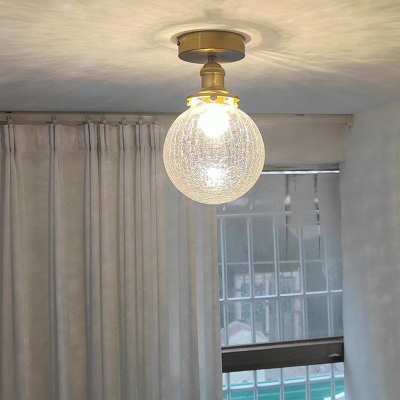 Traditional Japanese Crackled Orb Round Glass Brass 1-Light Semi-Flush Mount Ceiling Light For Living Room