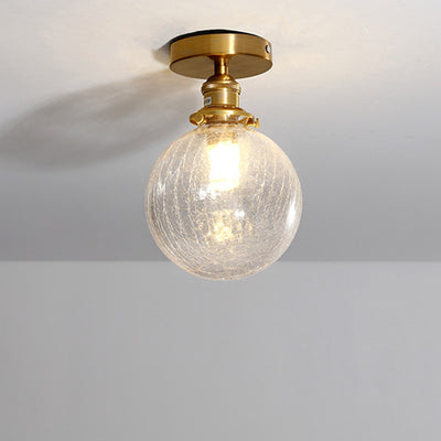 Traditional Japanese Crackled Orb Round Glass Brass 1-Light Semi-Flush Mount Ceiling Light For Living Room