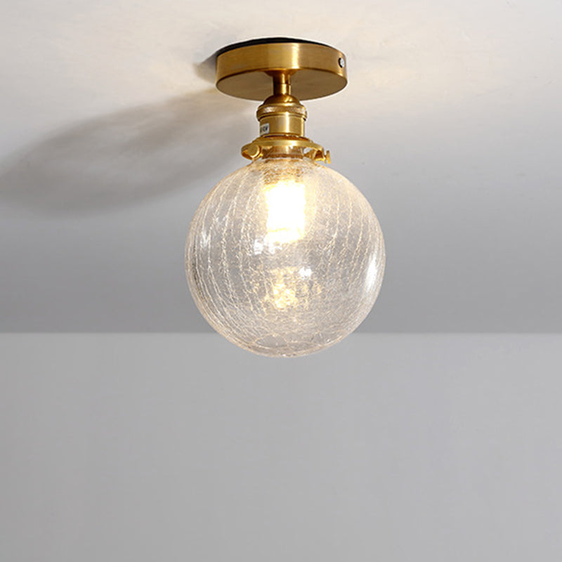 Traditional Japanese Crackled Orb Round Glass Brass 1-Light Semi-Flush Mount Ceiling Light For Living Room