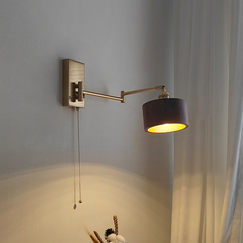 Contemporary Scandinavian Round Column Rotatable Wood Metal 1-Light Wall Sconce Lamp For Bedroom