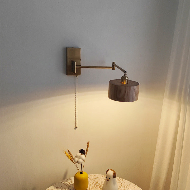 Contemporary Scandinavian Round Column Rotatable Wood Metal 1-Light Wall Sconce Lamp For Bedroom