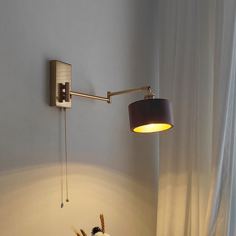 Contemporary Scandinavian Round Column Rotatable Wood Metal 1-Light Wall Sconce Lamp For Bedroom