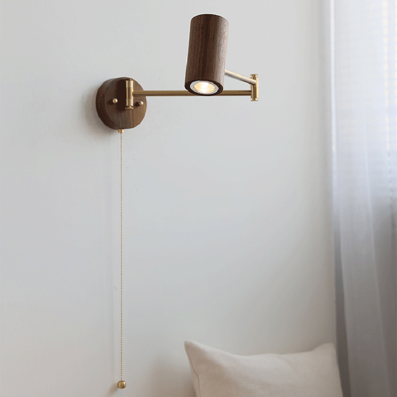 Applique murale 1 lumière en bois et fer rond réglable avec bras oscillant cylindrique traditionnel japonais pour chambre à coucher 