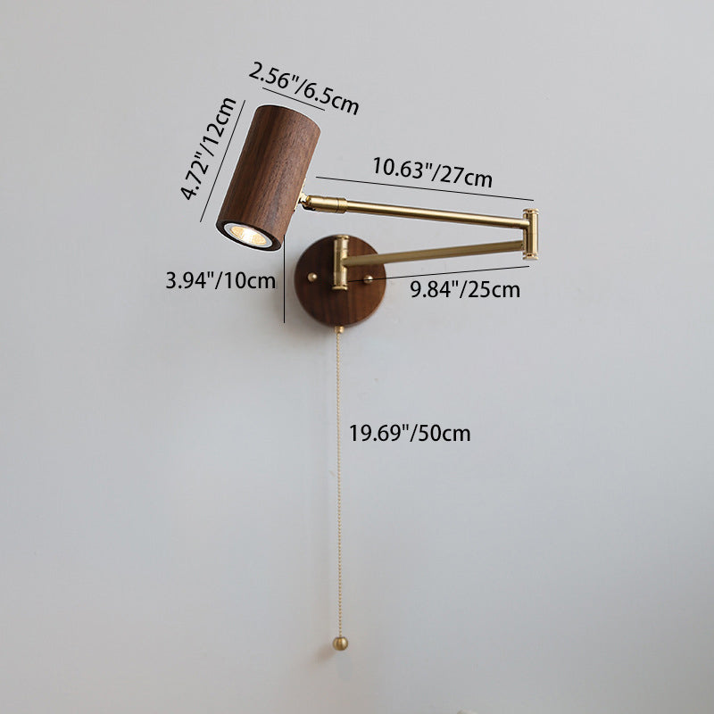 Applique murale 1 lumière en bois et fer rond réglable avec bras oscillant cylindrique traditionnel japonais pour chambre à coucher 