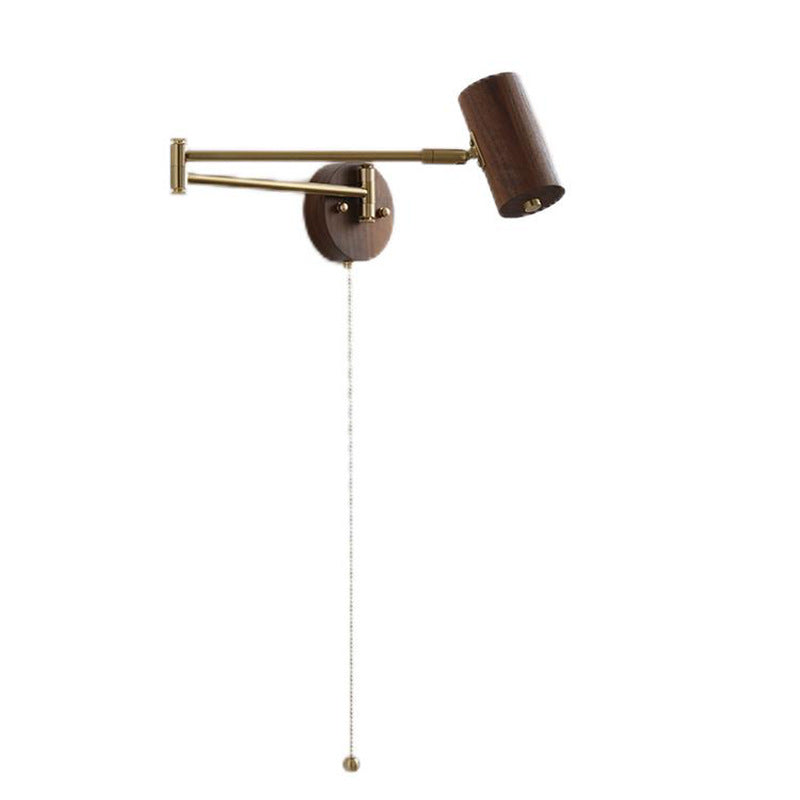 Applique murale 1 lumière en bois et fer rond réglable avec bras oscillant cylindrique traditionnel japonais pour chambre à coucher 