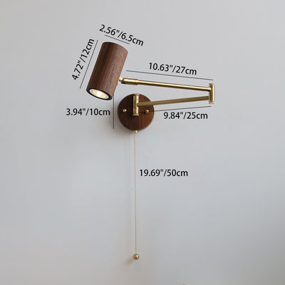 Traditional Japanese Cylinder Swing Arm Adjustable Round Wood Iron 1-Light Wall Sconce Lamp For Bedroom