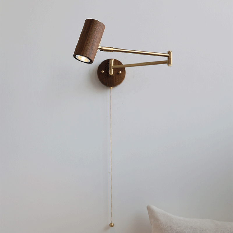 Applique murale 1 lumière en bois et fer rond réglable avec bras oscillant cylindrique traditionnel japonais pour chambre à coucher 
