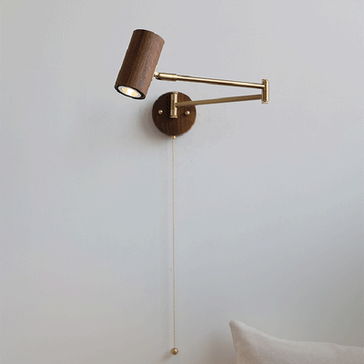 Traditional Japanese Cylinder Swing Arm Adjustable Round Wood Iron 1-Light Wall Sconce Lamp For Bedroom