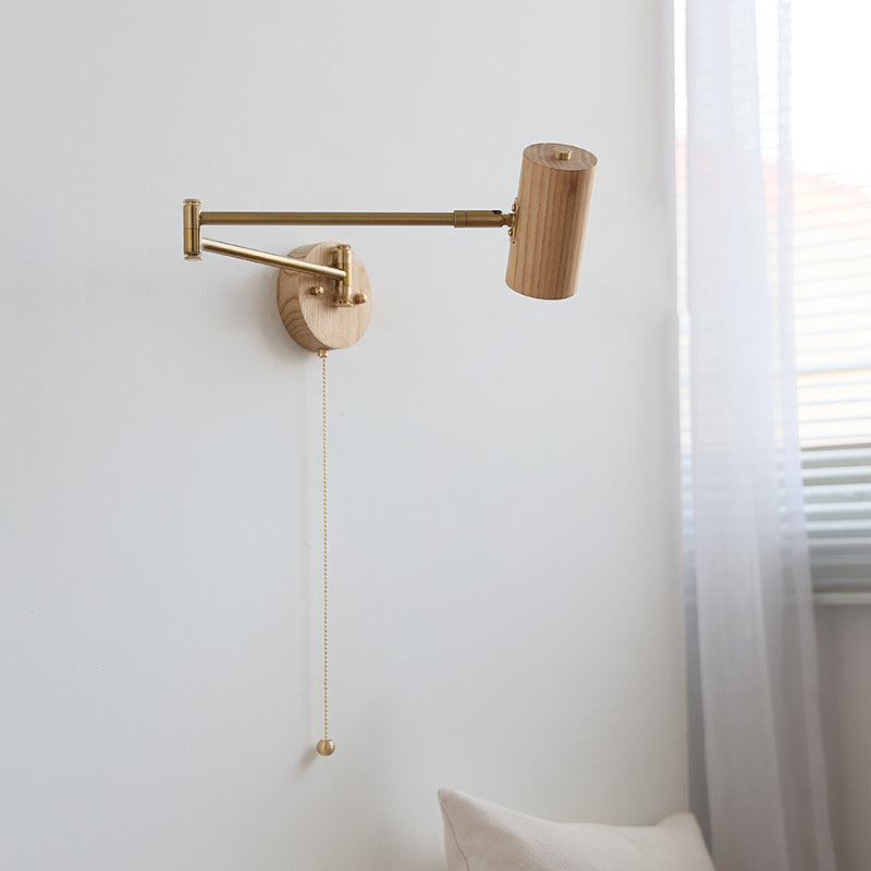 Traditional Japanese Cylinder Swing Arm Adjustable Round Wood Iron 1-Light Wall Sconce Lamp For Bedroom