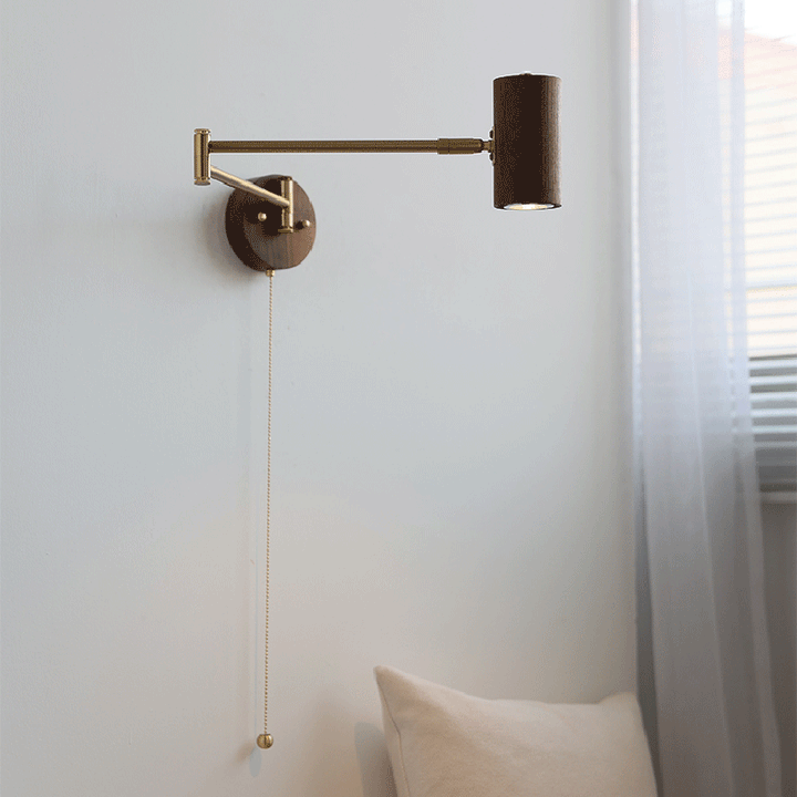 Applique murale 1 lumière en bois et fer rond réglable avec bras oscillant cylindrique traditionnel japonais pour chambre à coucher 