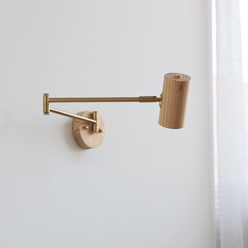 Applique murale 1 lumière en bois et fer rond réglable avec bras oscillant cylindrique traditionnel japonais pour chambre à coucher 