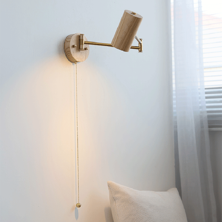 Applique murale 1 lumière en bois et fer rond réglable avec bras oscillant cylindrique traditionnel japonais pour chambre à coucher 
