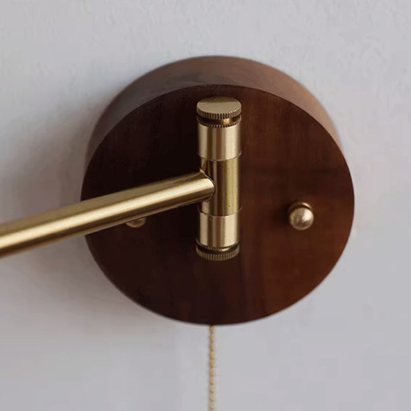 Applique murale 1 lumière en bois et fer rond réglable avec bras oscillant cylindrique traditionnel japonais pour chambre à coucher 