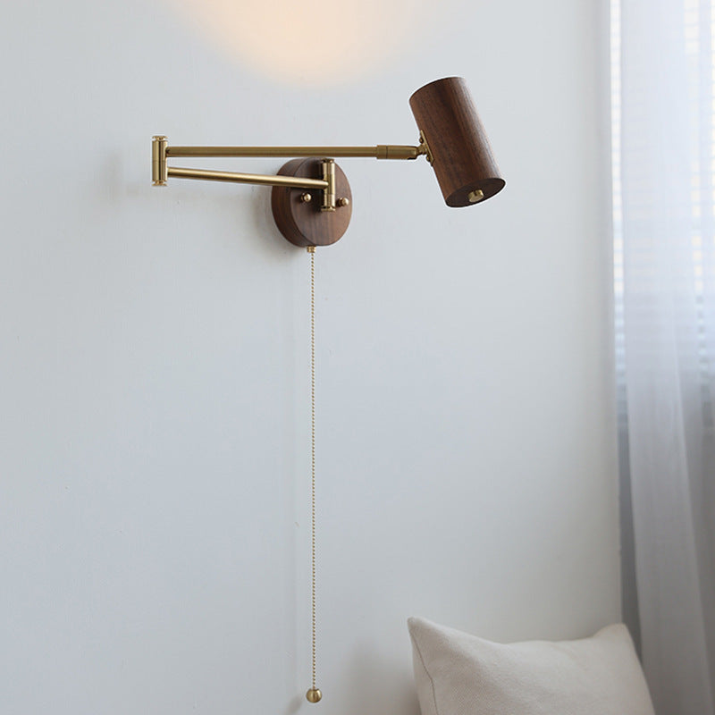 Traditional Japanese Cylinder Swing Arm Adjustable Round Wood Iron 1-Light Wall Sconce Lamp For Bedroom