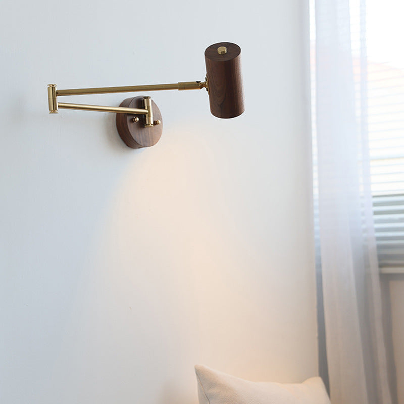 Traditional Japanese Cylinder Swing Arm Adjustable Round Wood Iron 1-Light Wall Sconce Lamp For Bedroom