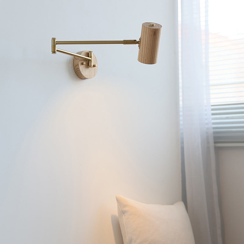 Traditional Japanese Cylinder Swing Arm Adjustable Round Wood Iron 1-Light Wall Sconce Lamp For Bedroom