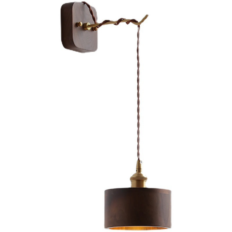 Traditionelle japanische Zylinder-Schüssel-Kegel-Holz-Messing 1-Licht-Wandleuchte für Wohnzimmer 