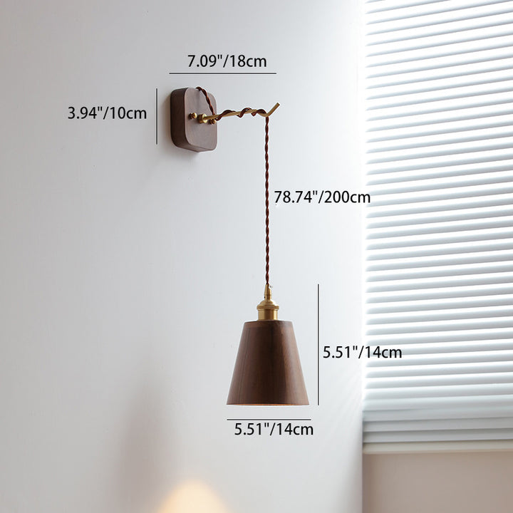 Traditionelle japanische Zylinder-Schüssel-Kegel-Holz-Messing 1-Licht-Wandleuchte für Wohnzimmer 