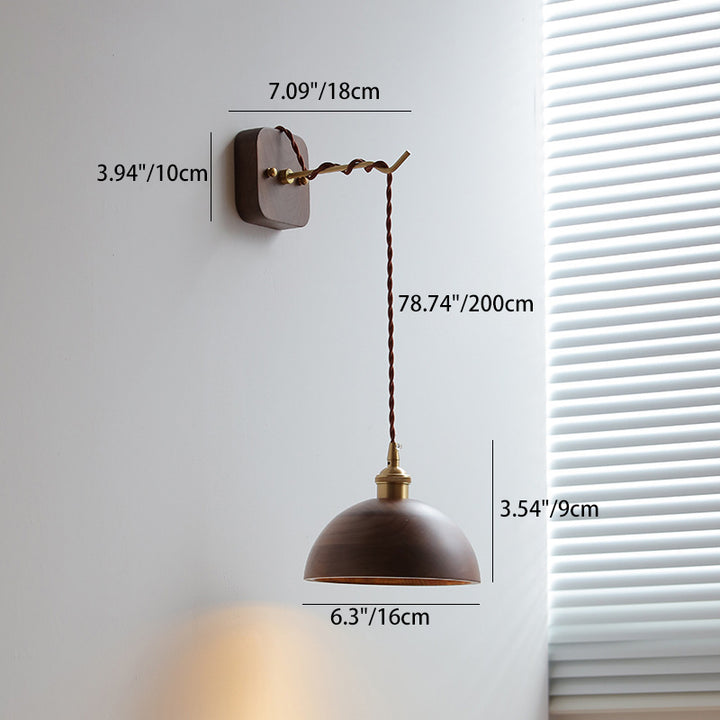 Traditionelle japanische Zylinder-Schüssel-Kegel-Holz-Messing 1-Licht-Wandleuchte für Wohnzimmer 