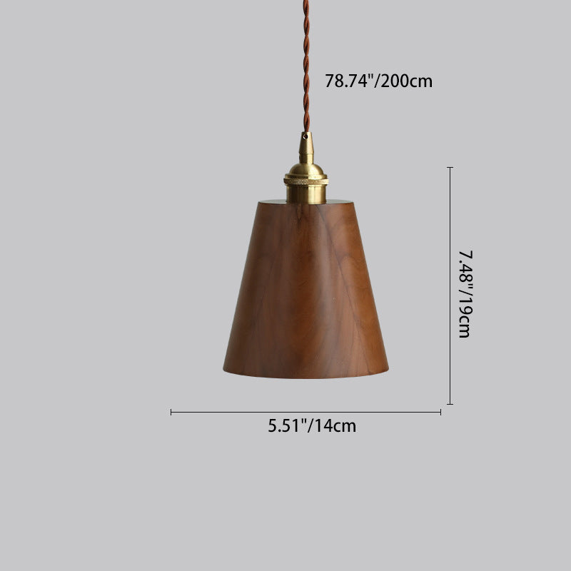 Traditional Vintage Conical Cylinder Bowl Wood Brass 1-Light Pendant Light For Living Room