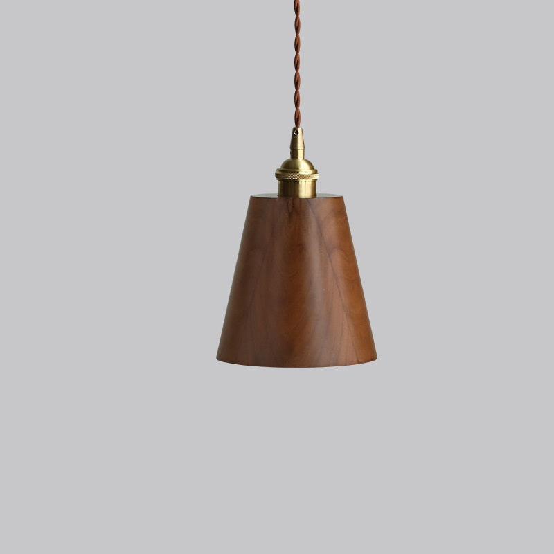 Traditional Vintage Conical Cylinder Bowl Wood Brass 1-Light Pendant Light For Living Room