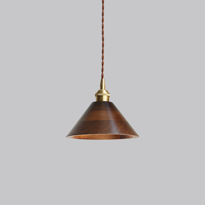 Traditional Vintage Conical Cylinder Bowl Wood Brass 1-Light Pendant Light For Living Room