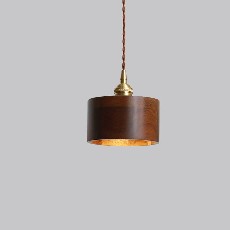 Traditional Vintage Conical Cylinder Bowl Wood Brass 1-Light Pendant Light For Living Room