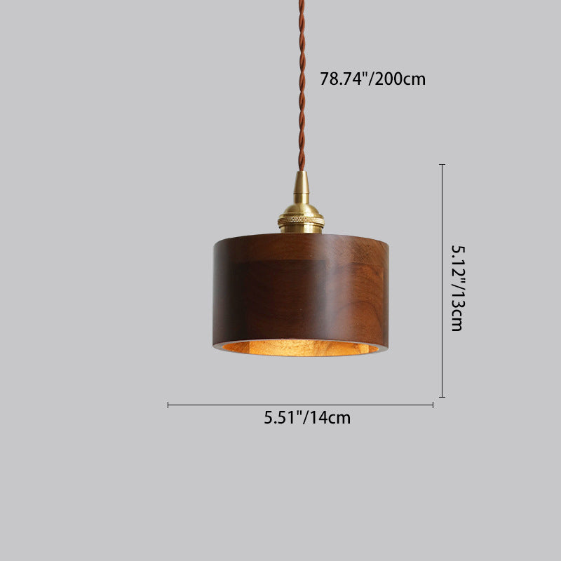 Traditional Vintage Conical Cylinder Bowl Wood Brass 1-Light Pendant Light For Living Room