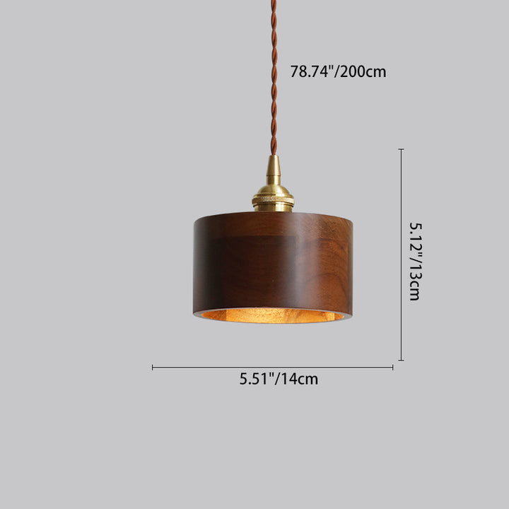 Traditional Vintage Conical Cylinder Bowl Wood Brass 1-Light Pendant Light For Living Room