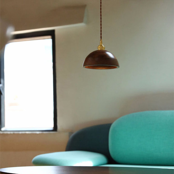 Traditional Vintage Conical Cylinder Bowl Wood Brass 1-Light Pendant Light For Living Room