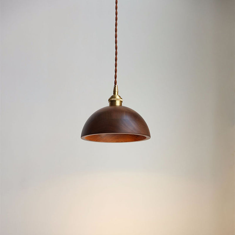 Traditional Vintage Conical Cylinder Bowl Wood Brass 1-Light Pendant Light For Living Room